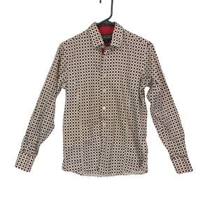 Lamasini Jeans Mens White Red Small Print Long Sleeve‎ Dress Shirt S